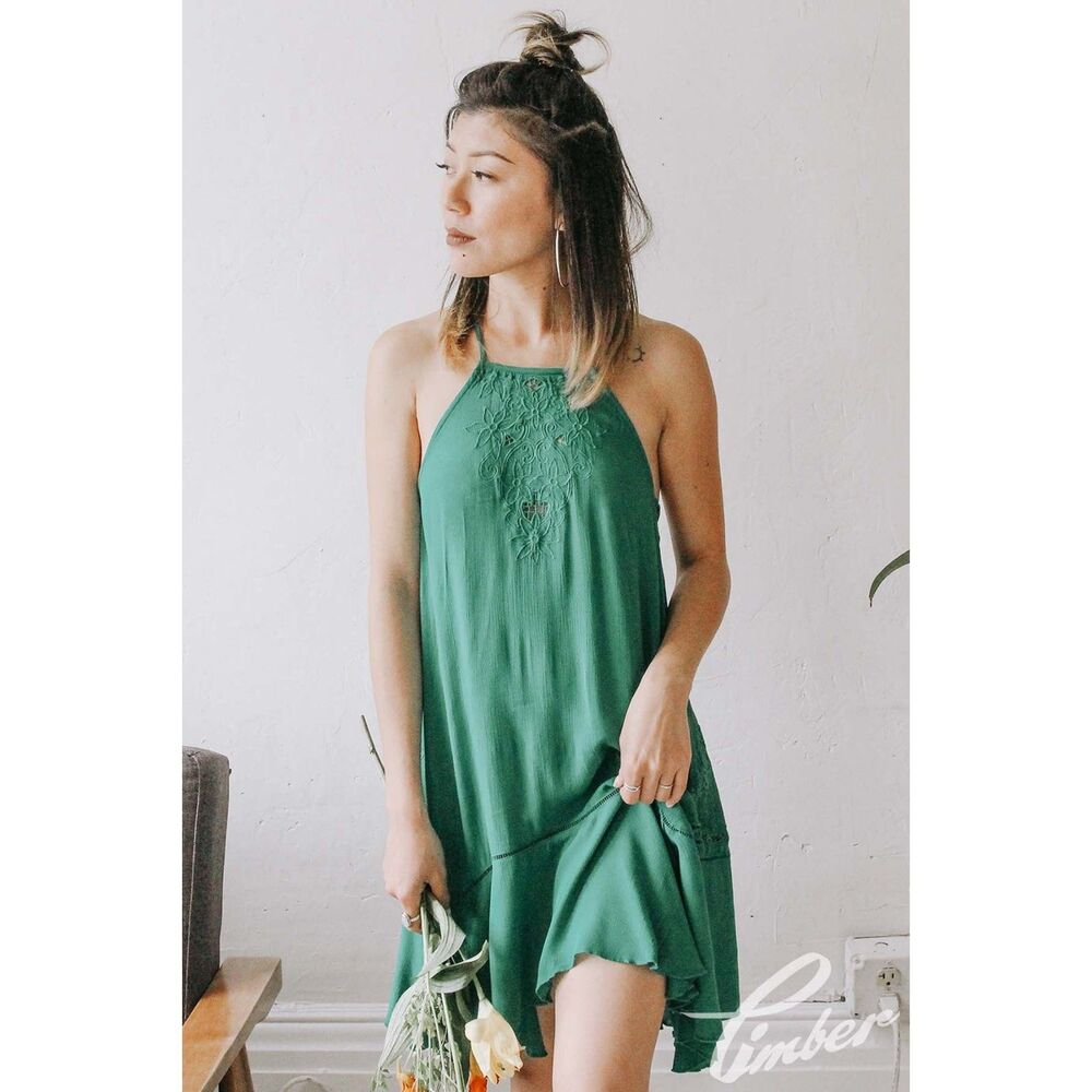 Free People Mini Dress XS Sundress Lace Boho Y2K Beach Coverup Green Heave Wave